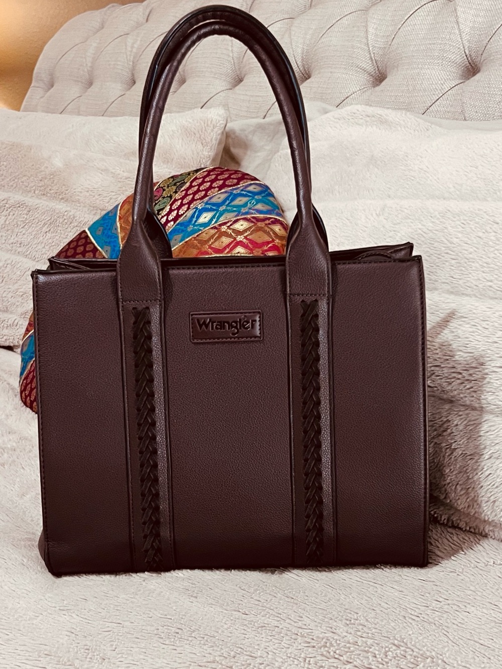 Wrangler Dark Brown Structured Leather Tote with Braided Trim